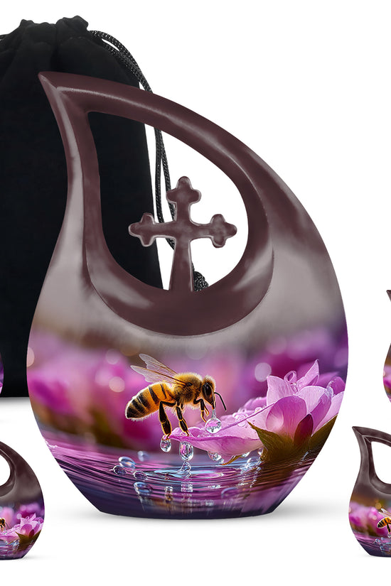 Rich Red Bee Cremation Urn urn with complimentary velvet bag - faith-inspired cross-drop urn with bee pattern - memorial set with one large and four small urns