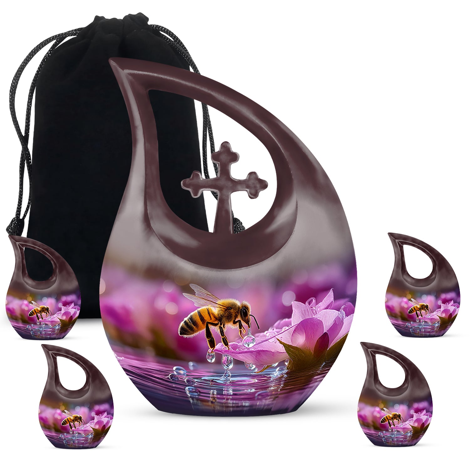 Rich Red Bee Cremation Urn urn with complimentary velvet bag - faith-inspired cross-drop urn with bee pattern - memorial set with one large and four small urns