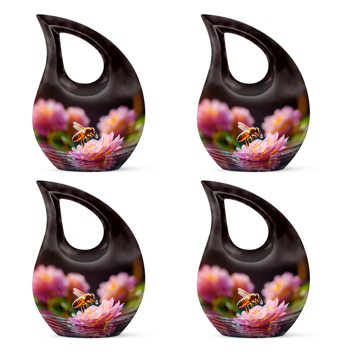 Dark Black Bee Cremation Urn lifestyle display on memorial shelf - devotional cross-drop bee engraving - 10 inch aluminum urn for cremated remains