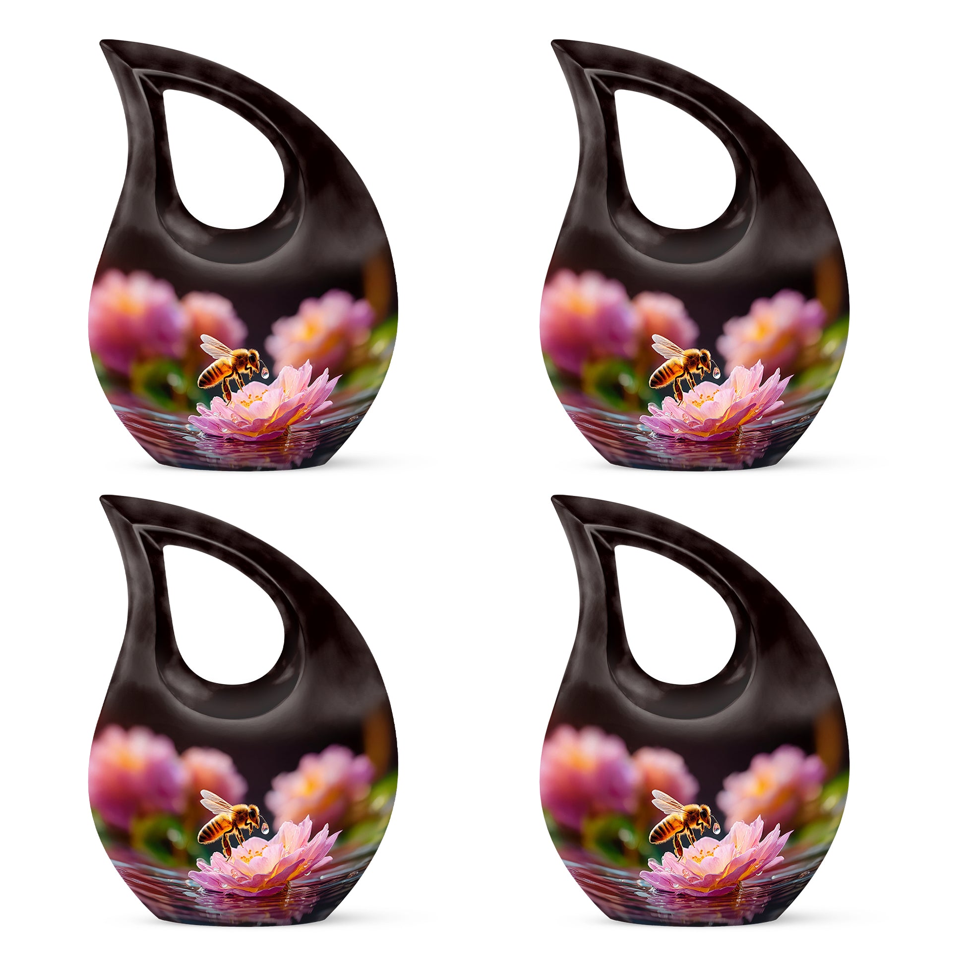 Dark Black Bee Cremation Urn lifestyle display on memorial shelf - devotional cross-drop bee engraving - 10 inch aluminum urn for cremated remains