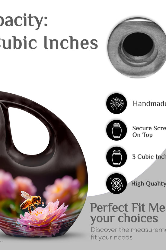 Deep Black Bee Cremation Urn back view with polished surface - sacred cross merged with bee motif on metal - mini keepsake memorial for portion of cremation ashes