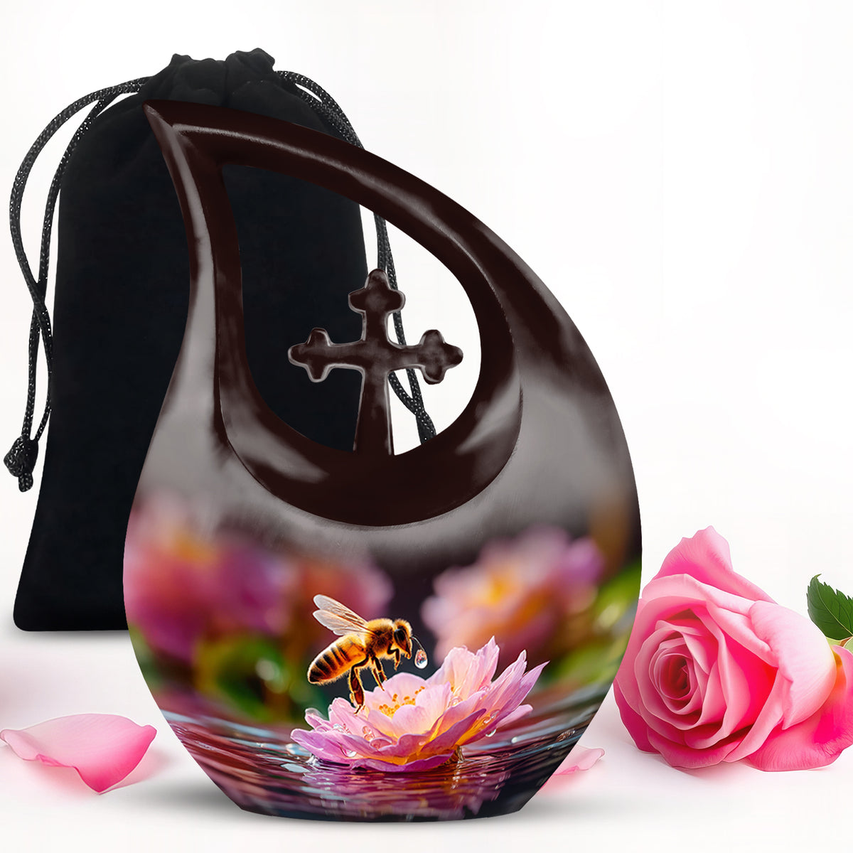 Rich Black Bee Cremation Urn top-down view of secure threaded lid - sacred cross merged with bee motif on metal - full-size 10 inch 200 cubic inch adult cremation urn