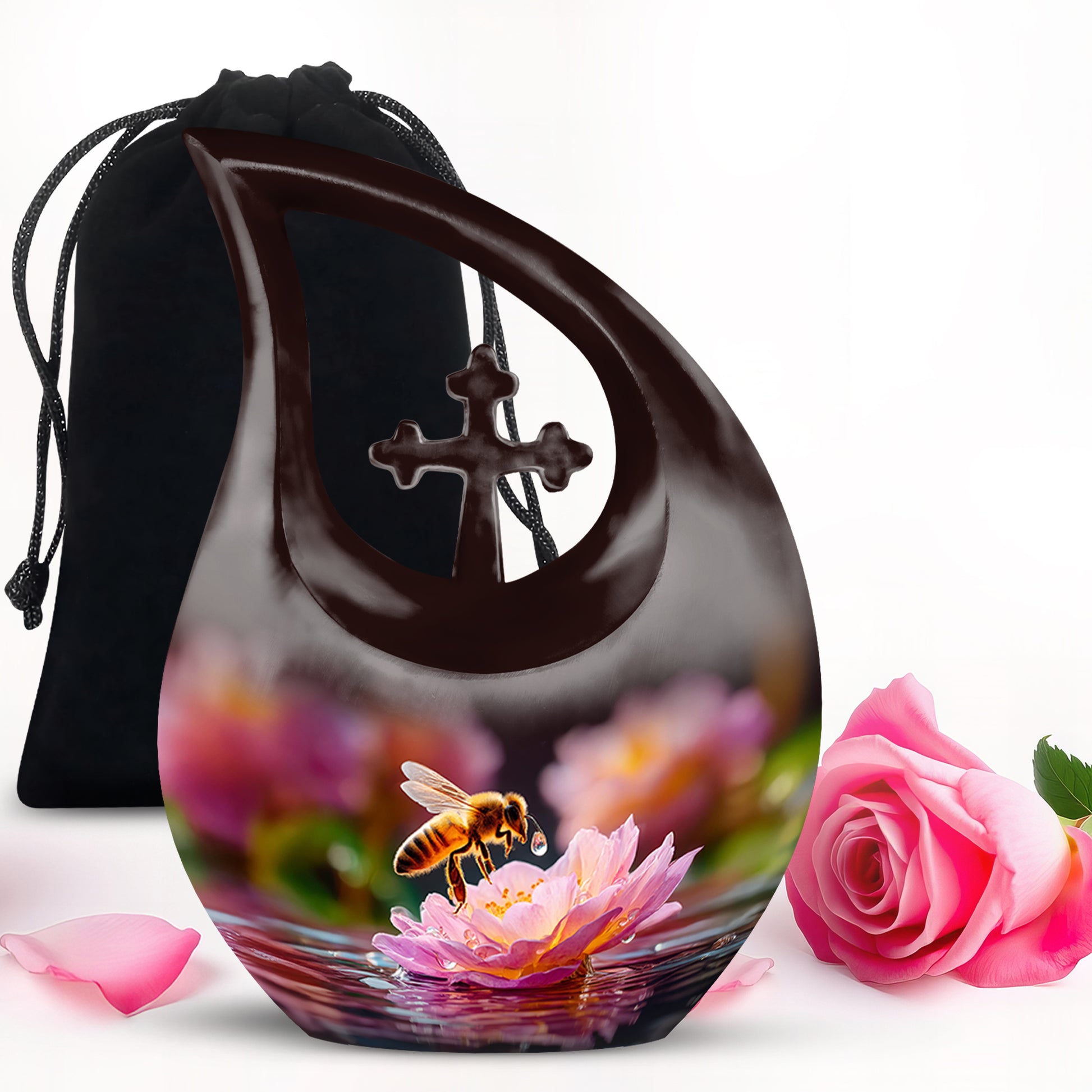 Rich Black Bee Cremation Urn top-down view of secure threaded lid - sacred cross merged with bee motif on metal - full-size 10 inch 200 cubic inch adult cremation urn