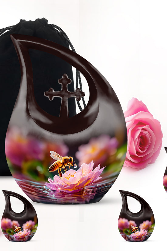 Midnight Black Bee Cremation Urn urn with complimentary velvet bag - faith-inspired cross-drop urn with bee pattern - memorial set with one large and four small urns