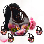 Midnight Black Bee Cremation Urn urn with complimentary velvet bag - faith-inspired cross-drop urn with bee pattern - memorial set with one large and four small urns