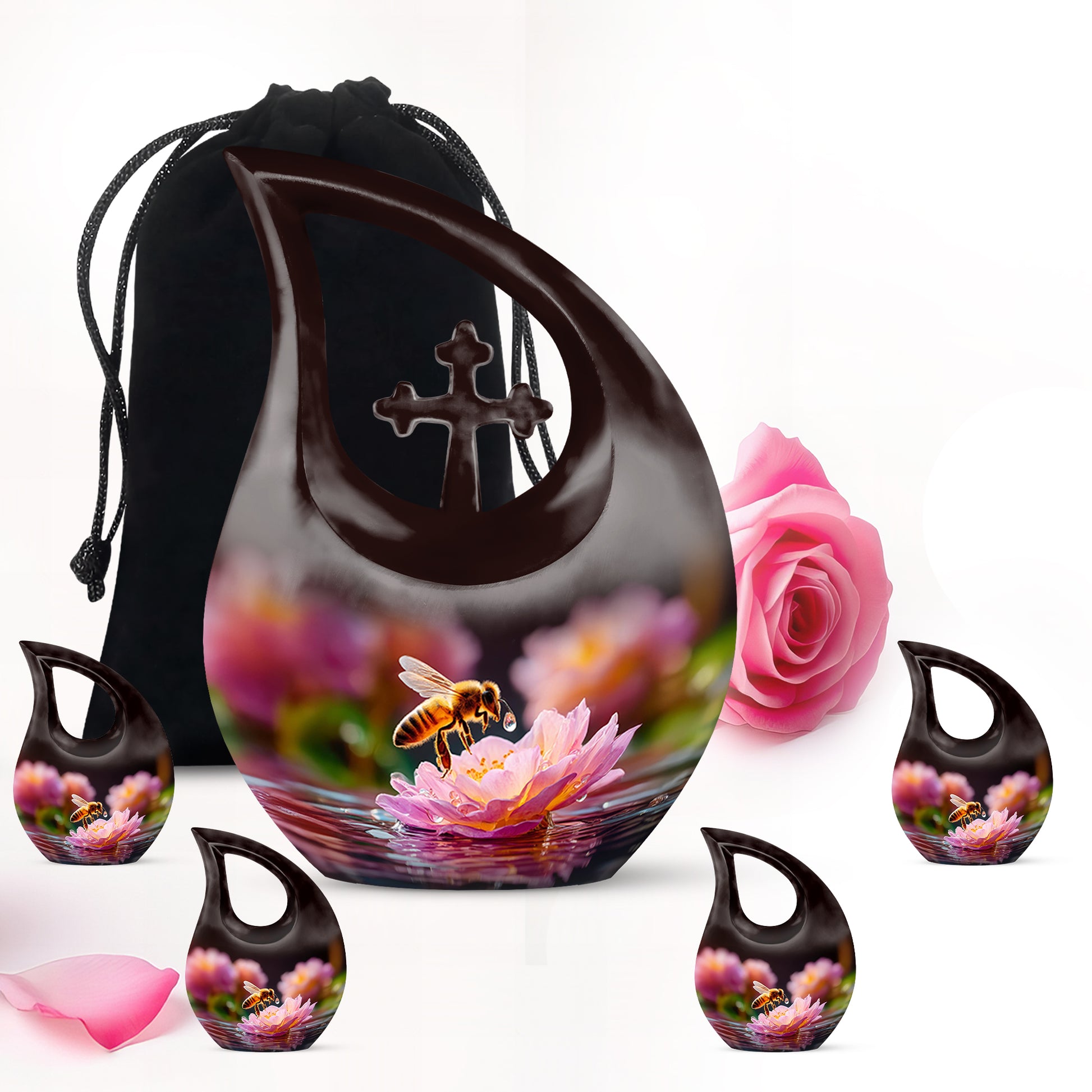 Midnight Black Bee Cremation Urn urn with complimentary velvet bag - faith-inspired cross-drop urn with bee pattern - memorial set with one large and four small urns