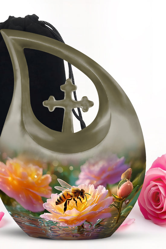 Matte Gold Bee Cremation Urn top-down view of secure threaded lid - faith-inspired cross-drop urn with bee pattern - full-size 10 inch 200 cubic inch adult cremation urn