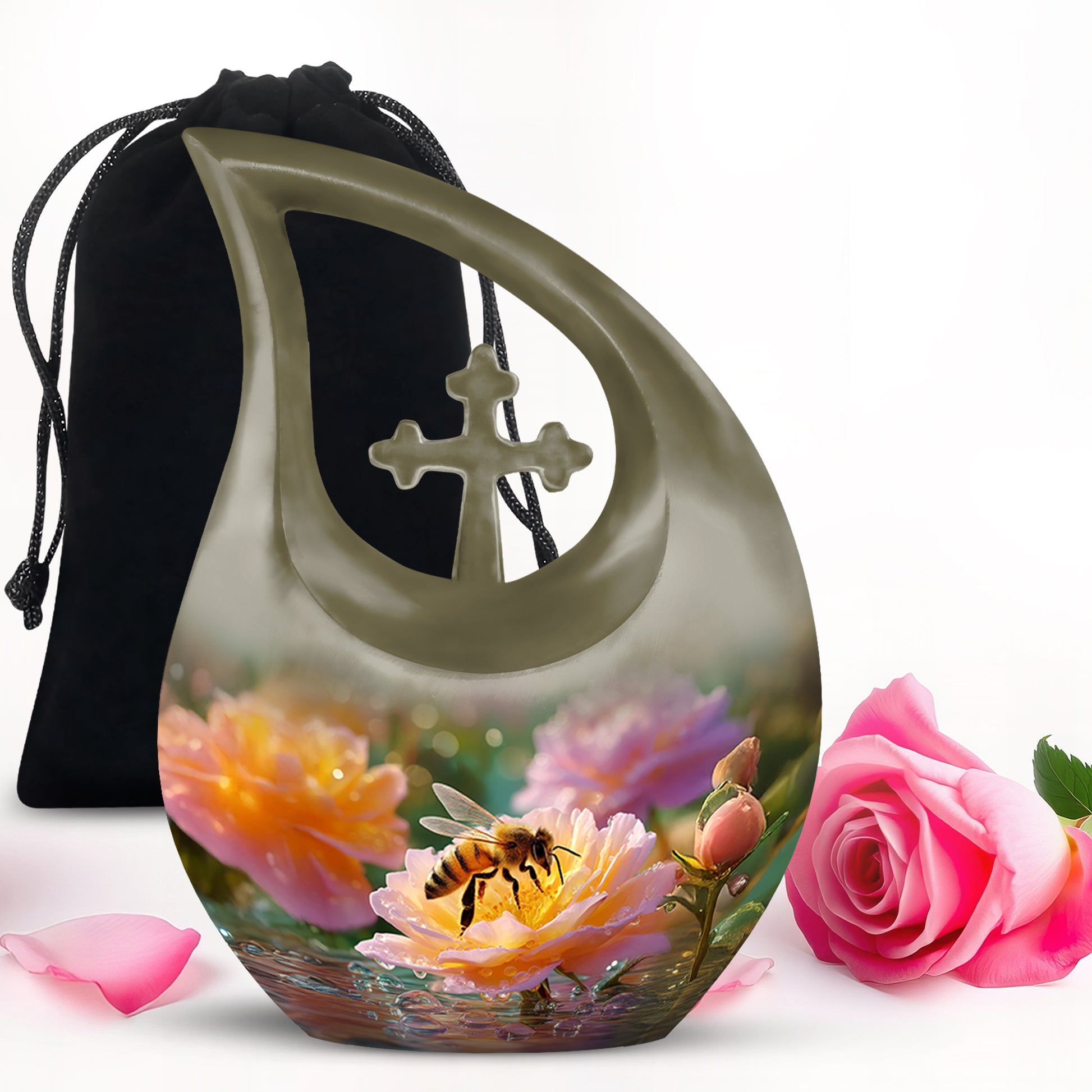 Matte Gold Bee Cremation Urn top-down view of secure threaded lid - faith-inspired cross-drop urn with bee pattern - full-size 10 inch 200 cubic inch adult cremation urn