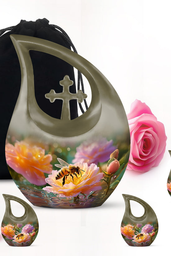 Antique Gold Bee Cremation Urn urn with complimentary velvet bag - sacred cross merged with bee motif on metal - memorial set with one large and four small urns