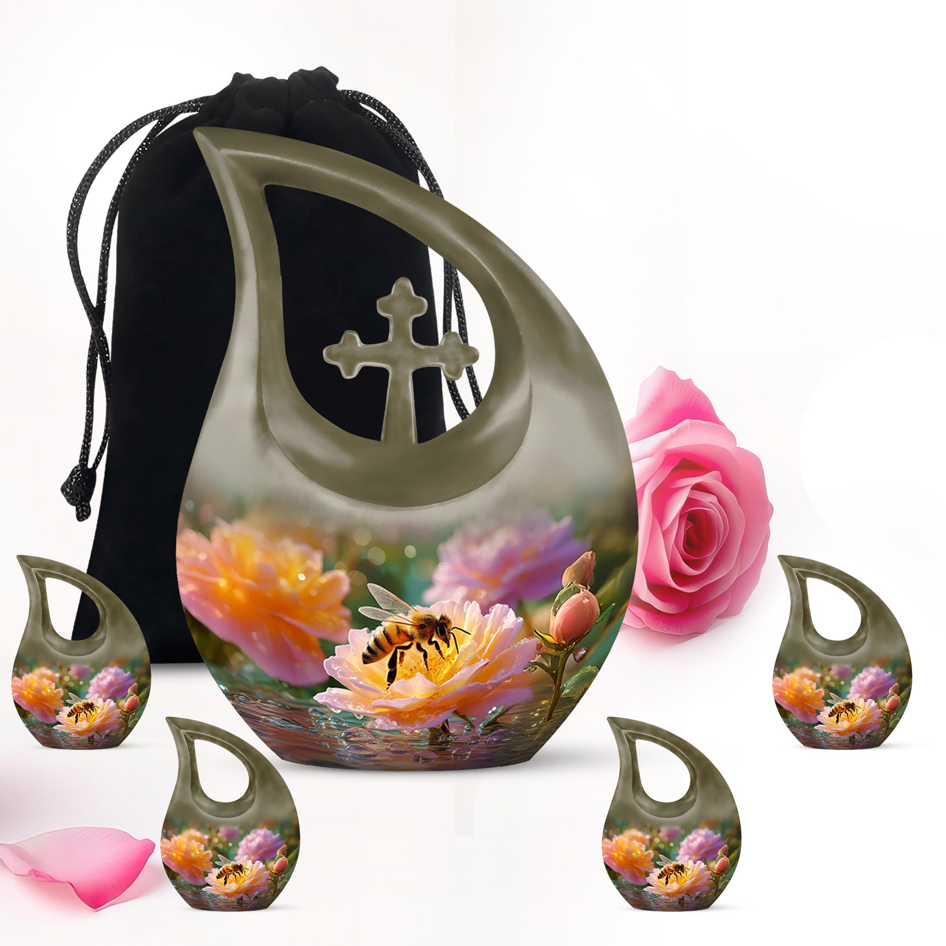 Antique Gold Bee Cremation Urn urn with complimentary velvet bag - sacred cross merged with bee motif on metal - memorial set with one large and four small urns