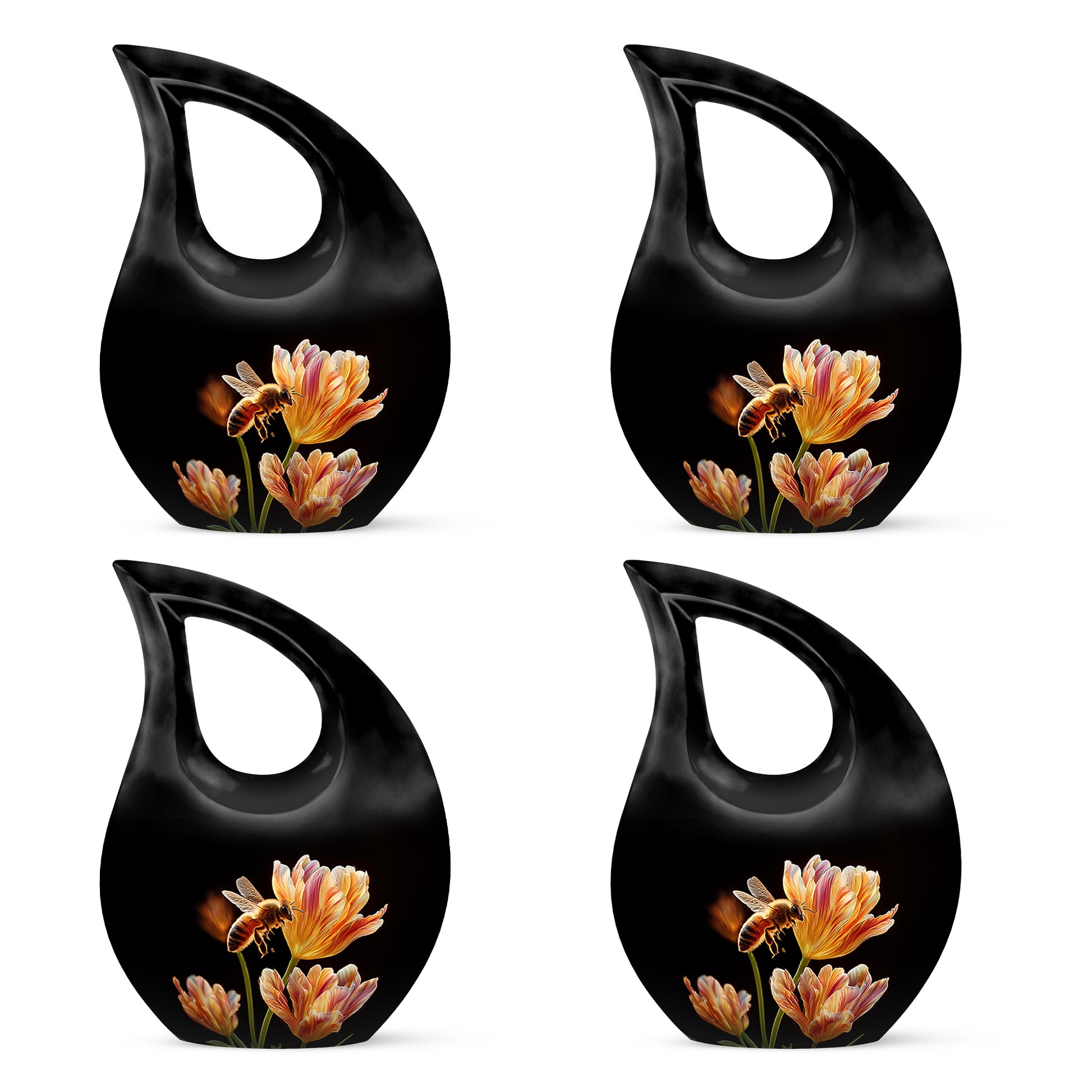 Rich Black Bee Cremation Urn lifestyle display on memorial shelf - sacred cross merged with bee motif on metal - 10 inch aluminum urn for cremated remains