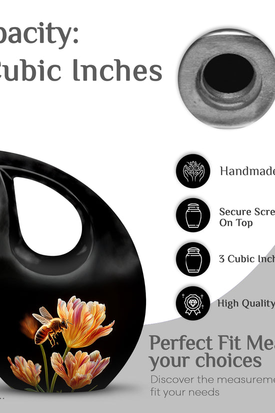 Dark Black Bee Cremation Urn back view with polished surface - devotional cross-drop bee engraving - mini keepsake memorial for portion of cremation ashes