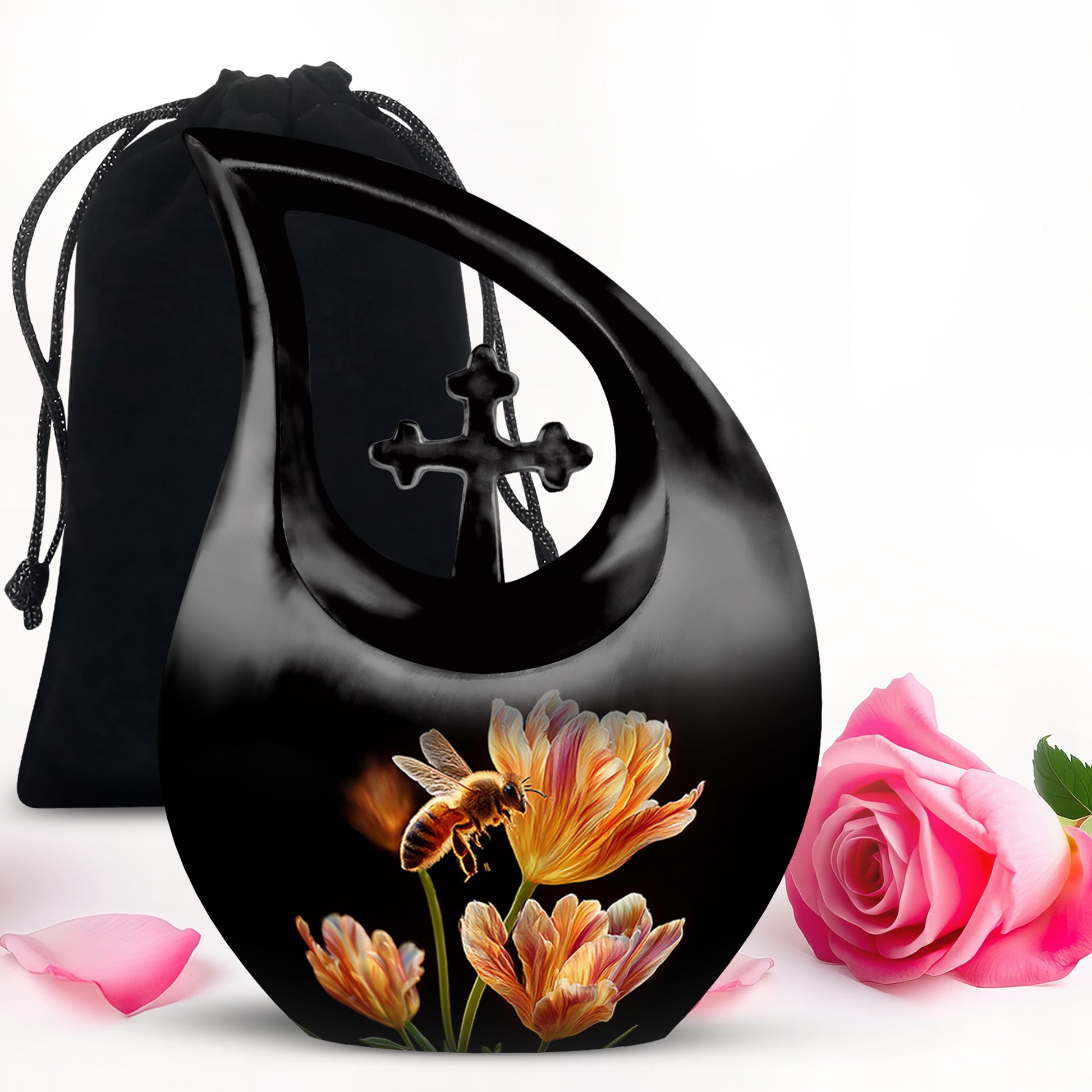 Deep Black Bee Cremation Urn top-down view of secure threaded lid - sacred cross merged with bee motif on metal - full-size 10 inch 200 cubic inch adult cremation urn