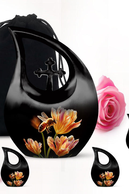 Obsidian Black Bee Cremation Urn urn with complimentary velvet bag - faith-inspired cross-drop urn with bee pattern - memorial set with one large and four small urns