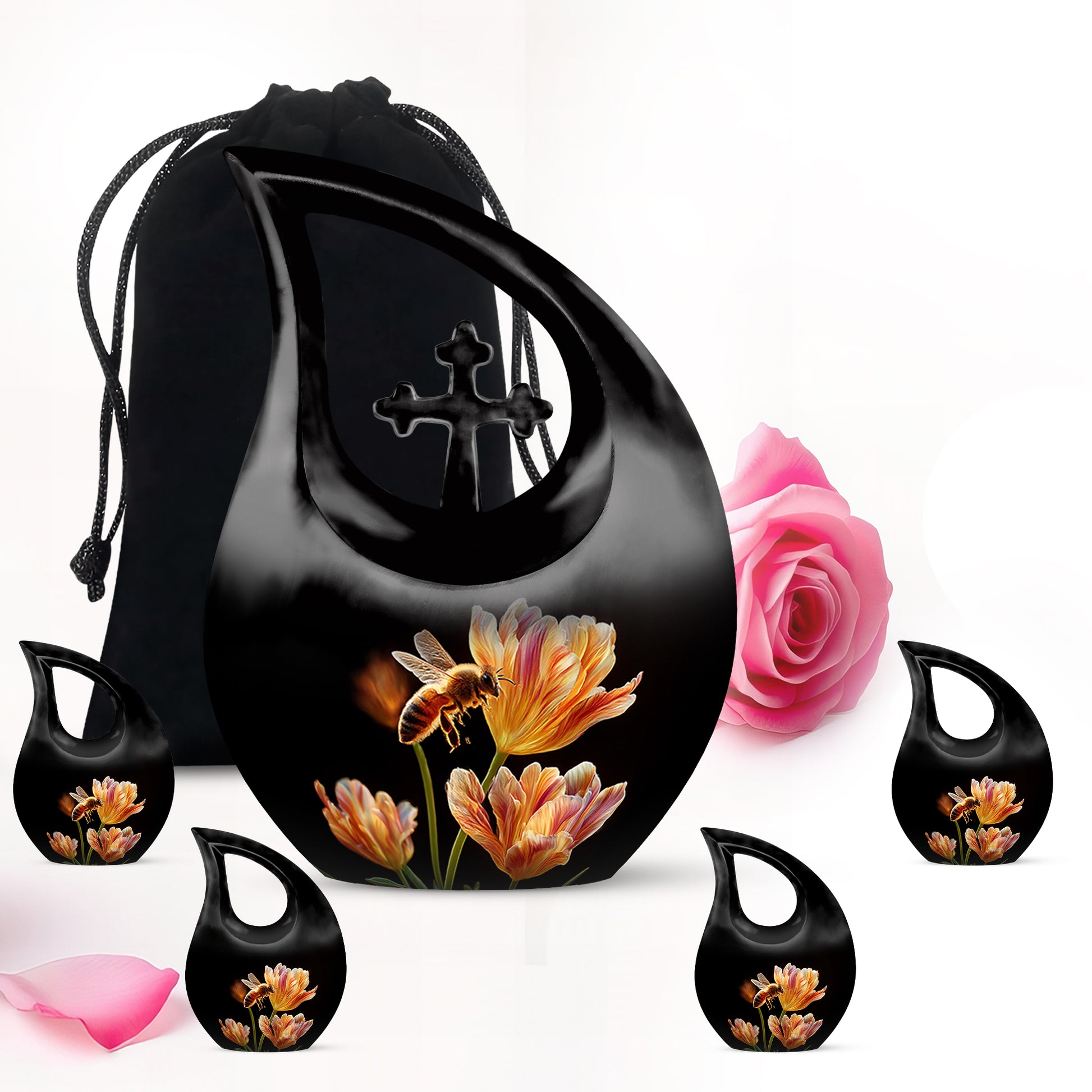 Obsidian Black Bee Cremation Urn urn with complimentary velvet bag - faith-inspired cross-drop urn with bee pattern - memorial set with one large and four small urns