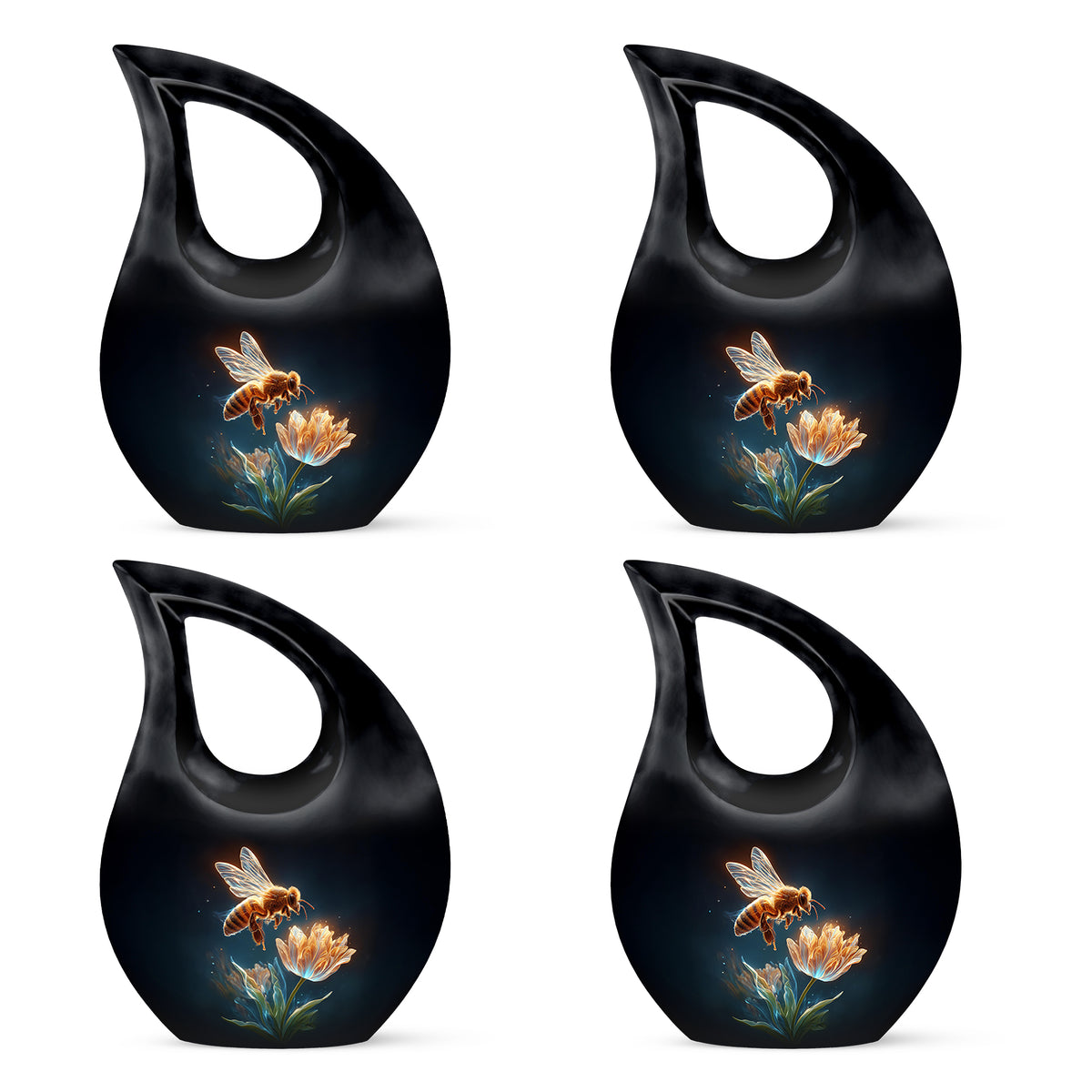 Glossy Black Bee Cremation Urn lifestyle display on memorial shelf - cross and bee combined in spiritual memorial design - 10 inch aluminum urn for cremated remains