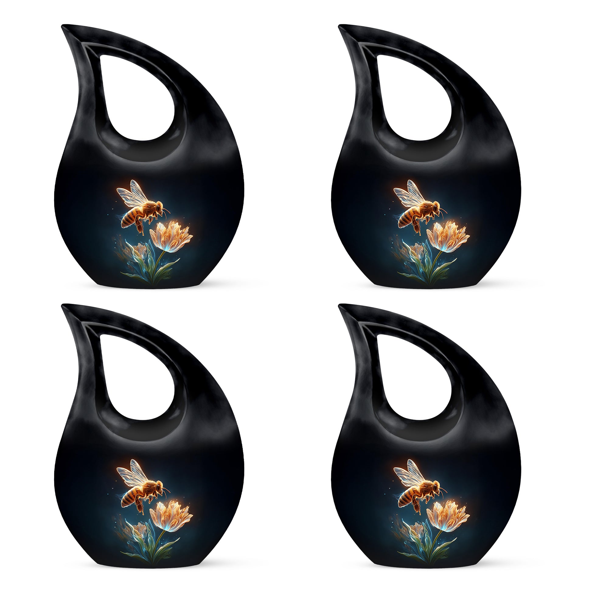 Glossy Black Bee Cremation Urn lifestyle display on memorial shelf - cross and bee combined in spiritual memorial design - 10 inch aluminum urn for cremated remains