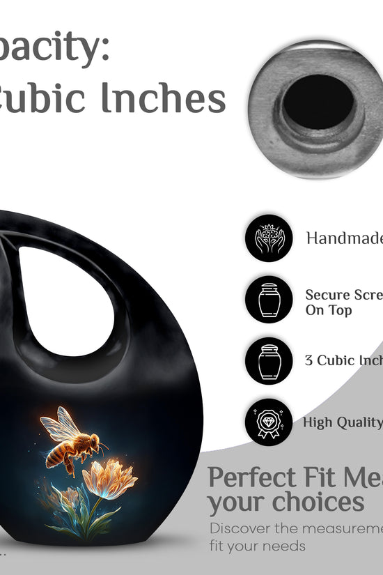 Jet Black Bee Cremation Urn back view with polished surface - cross and bee combined in spiritual memorial design - mini keepsake memorial for portion of cremation ashes