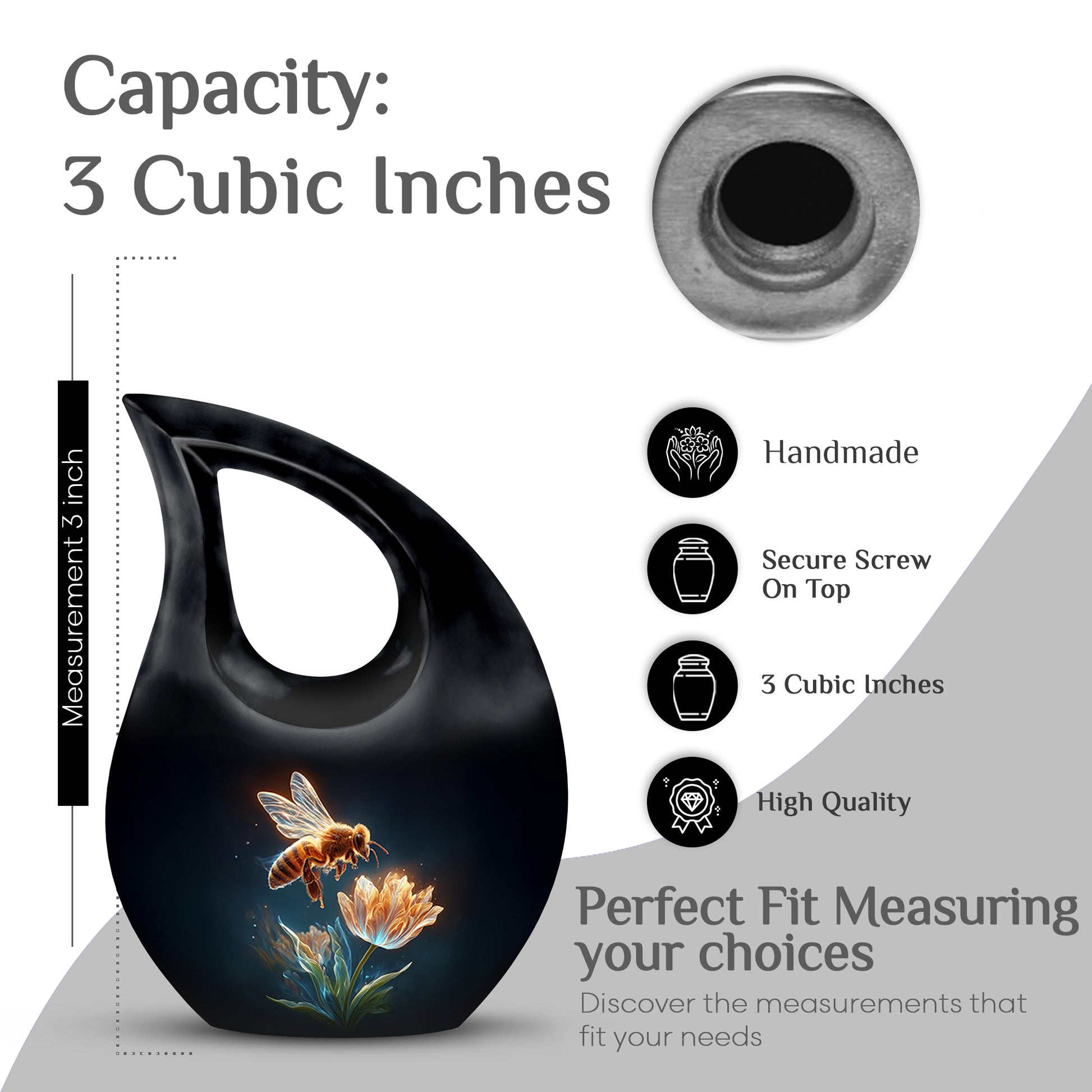 Jet Black Bee Cremation Urn back view with polished surface - cross and bee combined in spiritual memorial design - mini keepsake memorial for portion of cremation ashes
