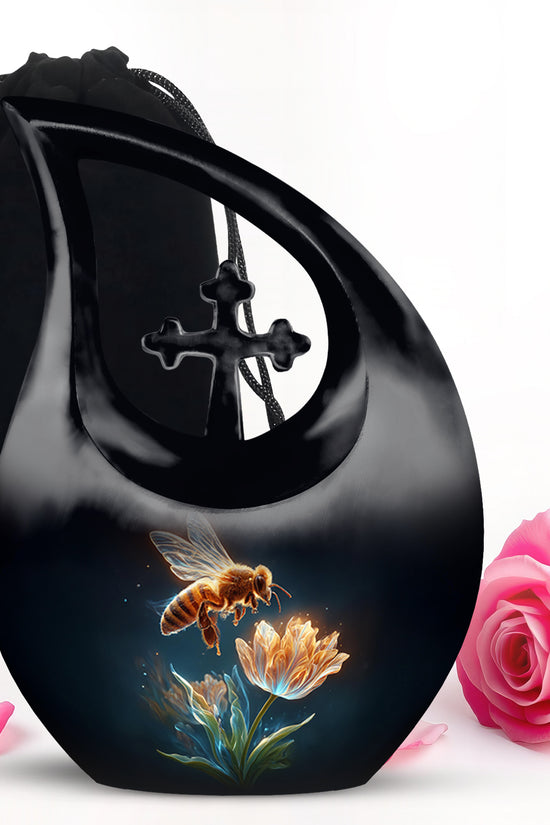 Ebony Bee Cremation Urn top-down view of secure threaded lid - cross and bee combined in spiritual memorial design - full-size 10 inch 200 cubic inch adult cremation urn
