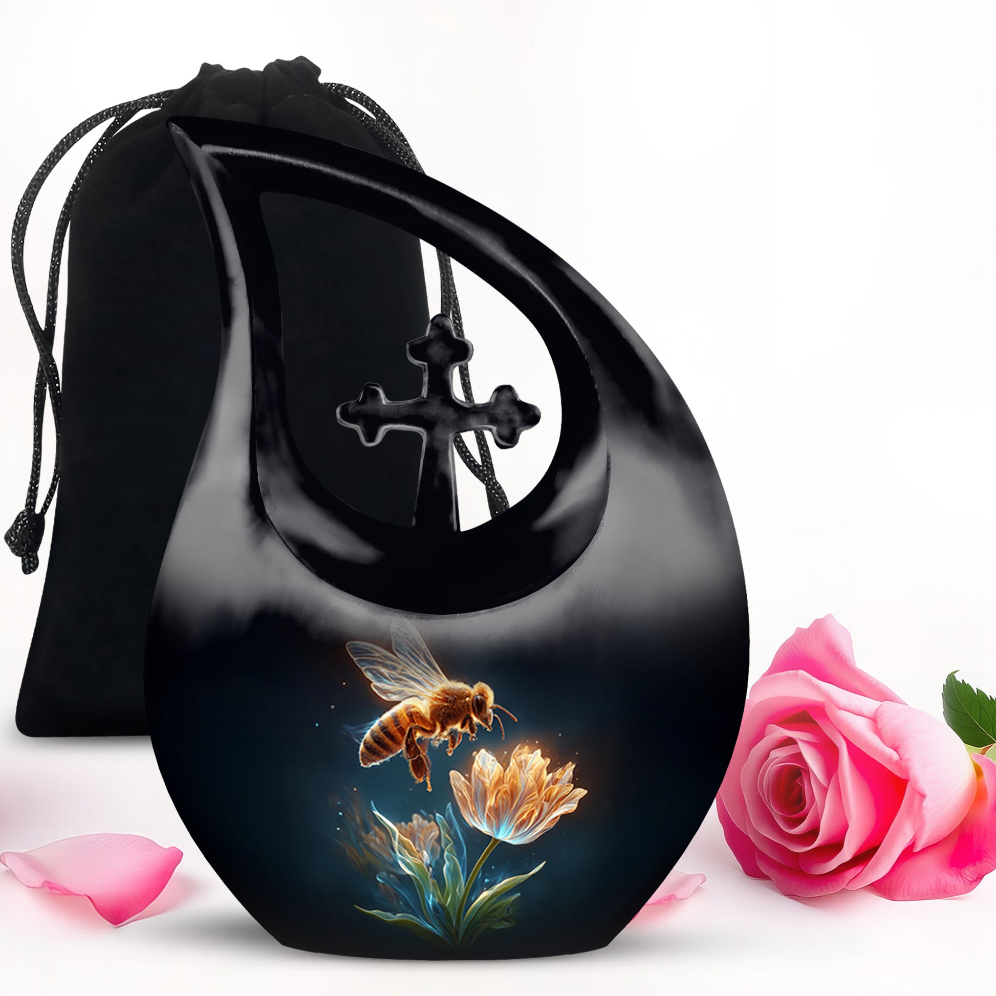 Ebony Bee Cremation Urn top-down view of secure threaded lid - cross and bee combined in spiritual memorial design - full-size 10 inch 200 cubic inch adult cremation urn