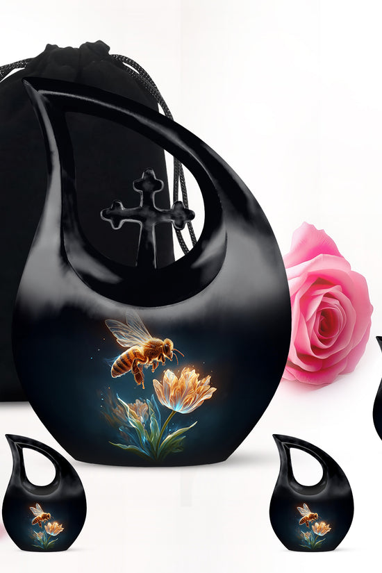 Obsidian Black Bee Cremation Urn urn with complimentary velvet bag - faith-inspired cross-drop urn with bee pattern - memorial set with one large and four small urns