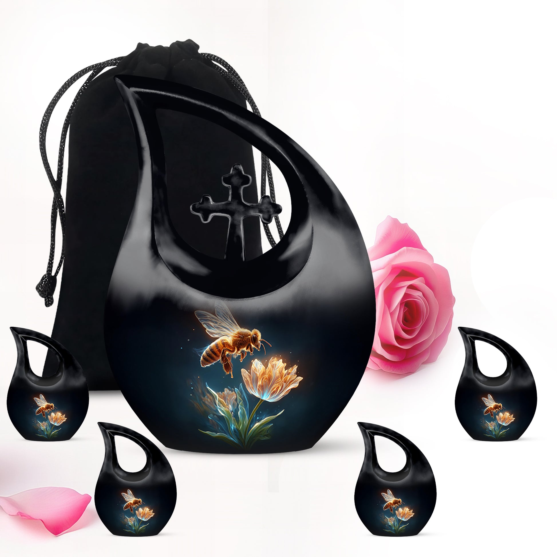 Obsidian Black Bee Cremation Urn urn with complimentary velvet bag - faith-inspired cross-drop urn with bee pattern - memorial set with one large and four small urns