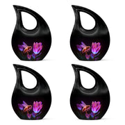 Glossy Black Bee Cremation Urn lifestyle display on memorial shelf - cross and bee combined in spiritual memorial design - 10 inch aluminum urn for cremated remains