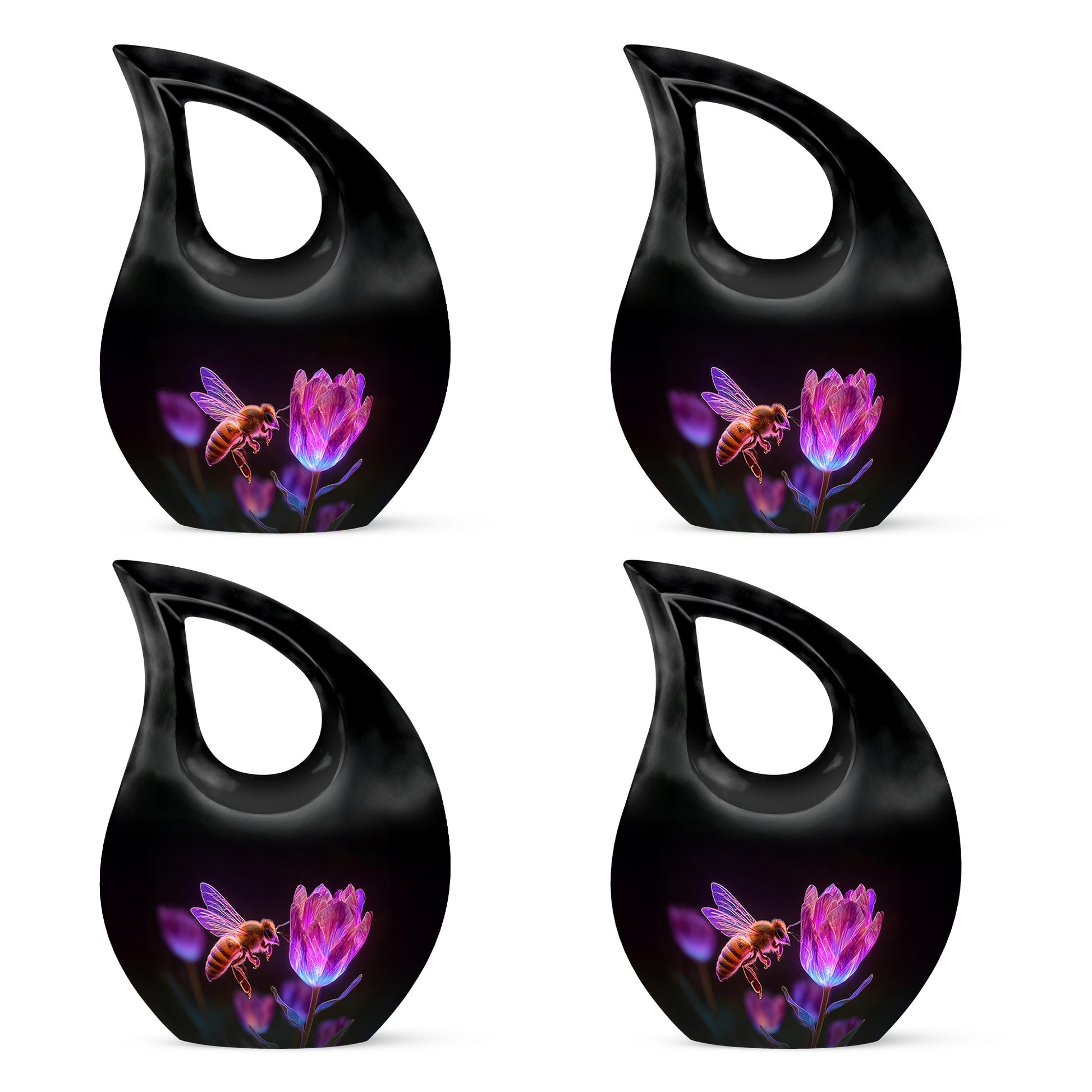 Glossy Black Bee Cremation Urn lifestyle display on memorial shelf - cross and bee combined in spiritual memorial design - 10 inch aluminum urn for cremated remains