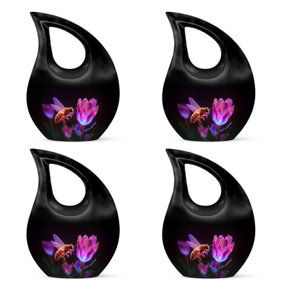 Glossy Black Bee Cremation Urn lifestyle display on memorial shelf - cross and bee combined in spiritual memorial design - 10 inch aluminum urn for cremated remains