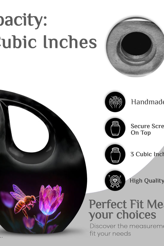 Charcoal Black Bee Cremation Urn back view with polished surface - devotional cross-drop bee engraving - mini keepsake memorial for portion of cremation ashes