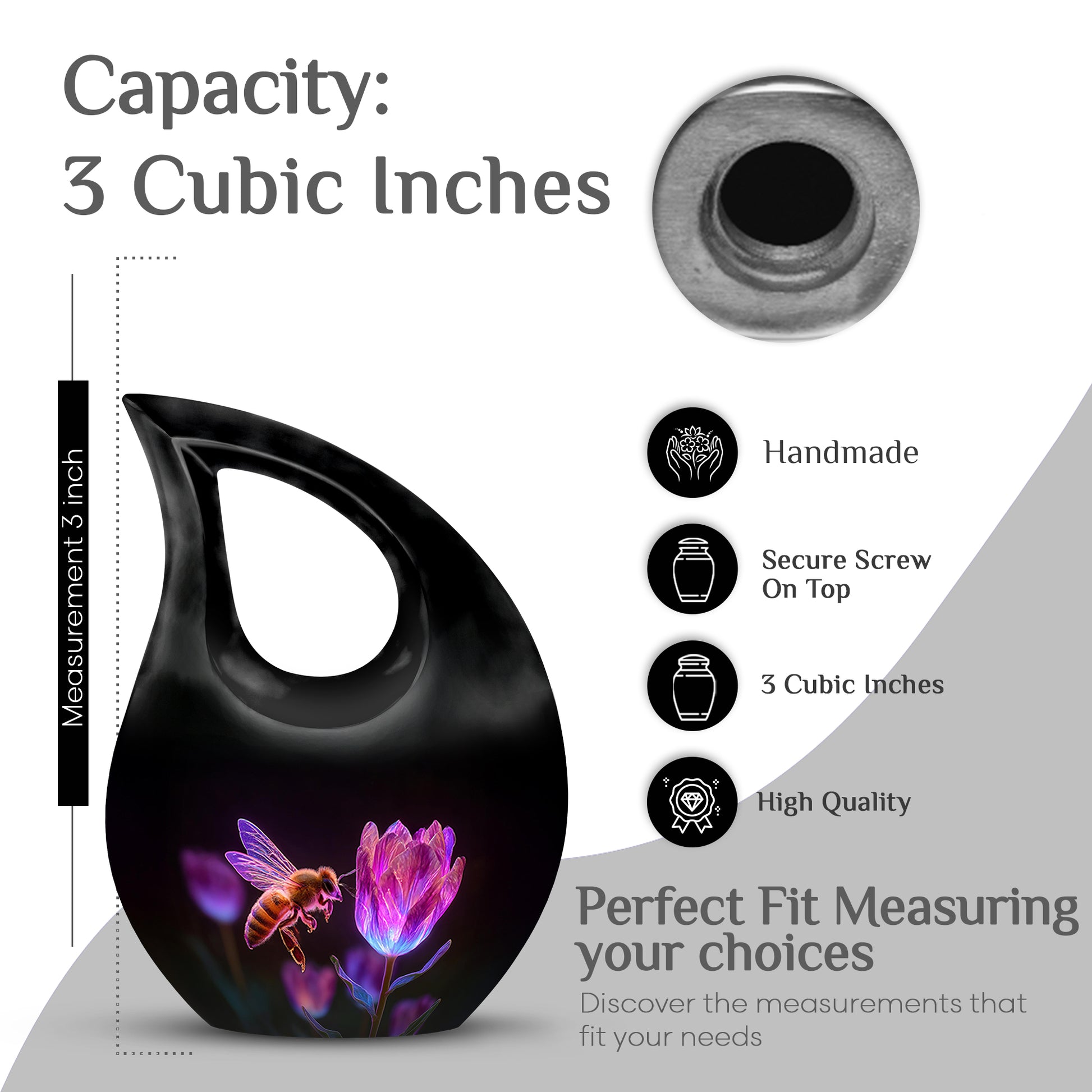 Charcoal Black Bee Cremation Urn back view with polished surface - devotional cross-drop bee engraving - mini keepsake memorial for portion of cremation ashes