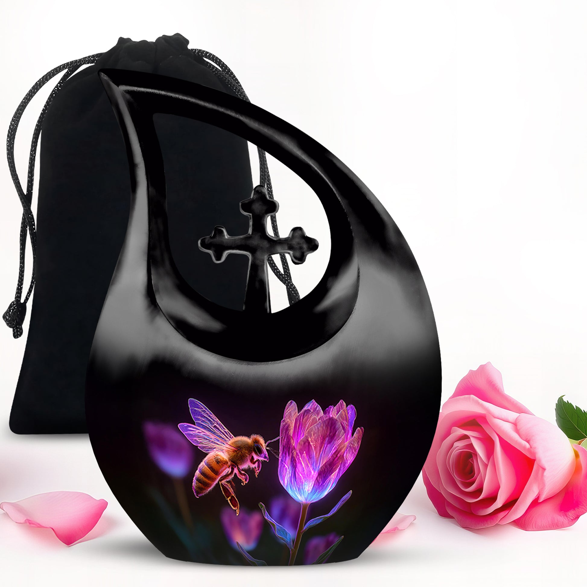 Deep Black Bee Cremation Urn top-down view of secure threaded lid - sacred cross merged with bee motif on metal - full-size 10 inch 200 cubic inch adult cremation urn
