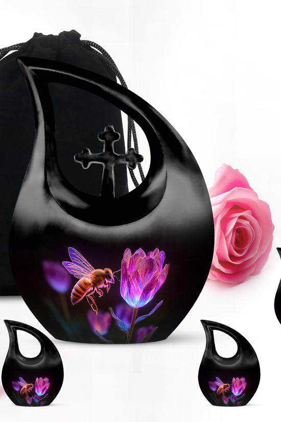 Obsidian Black Bee Cremation Urn urn with complimentary velvet bag - devotional cross-drop bee engraving - memorial set with one large and four small urns