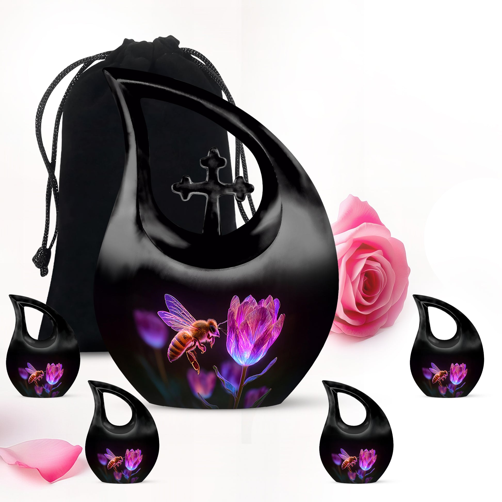 Obsidian Black Bee Cremation Urn urn with complimentary velvet bag - devotional cross-drop bee engraving - memorial set with one large and four small urns