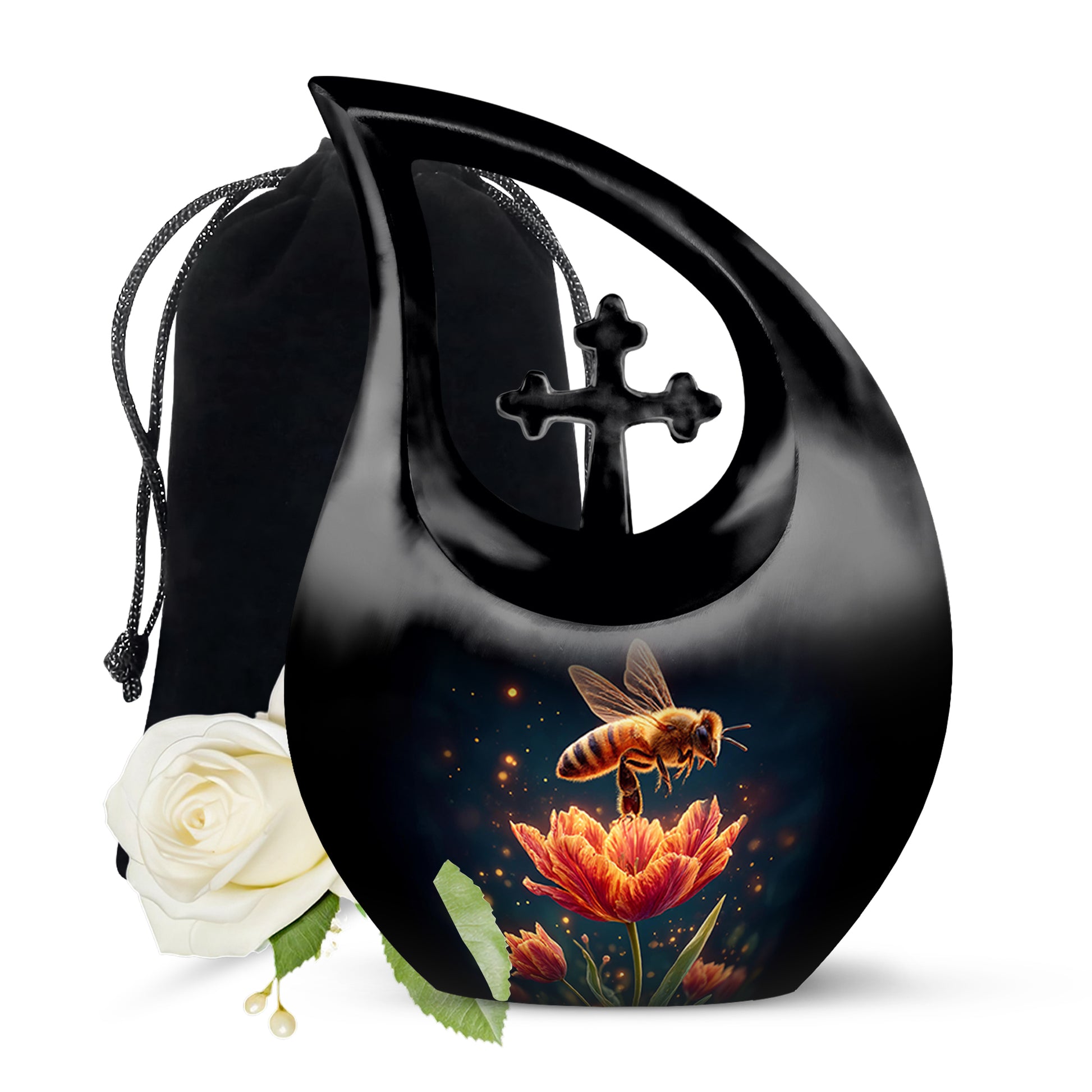 Glossy Black Bee Cremation Urn top-down view of secure threaded lid - sacred cross merged with bee motif on metal - full-size 10 inch 200 cubic inch adult cremation urn