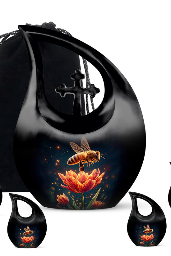 Charcoal Black Bee Cremation Urn urn with complimentary velvet bag - devotional cross-drop bee engraving - memorial set with one large and four small urns