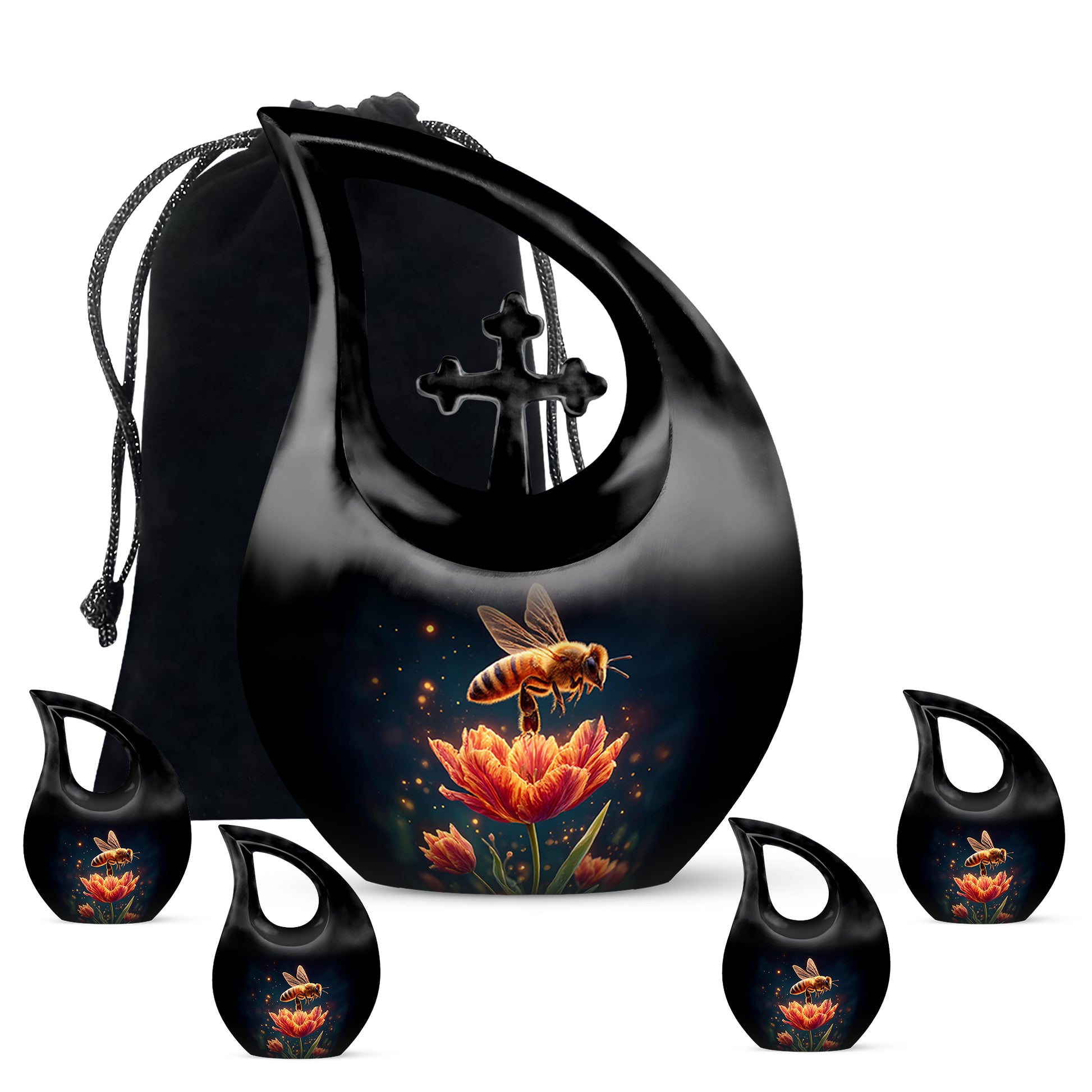 Charcoal Black Bee Cremation Urn urn with complimentary velvet bag - devotional cross-drop bee engraving - memorial set with one large and four small urns