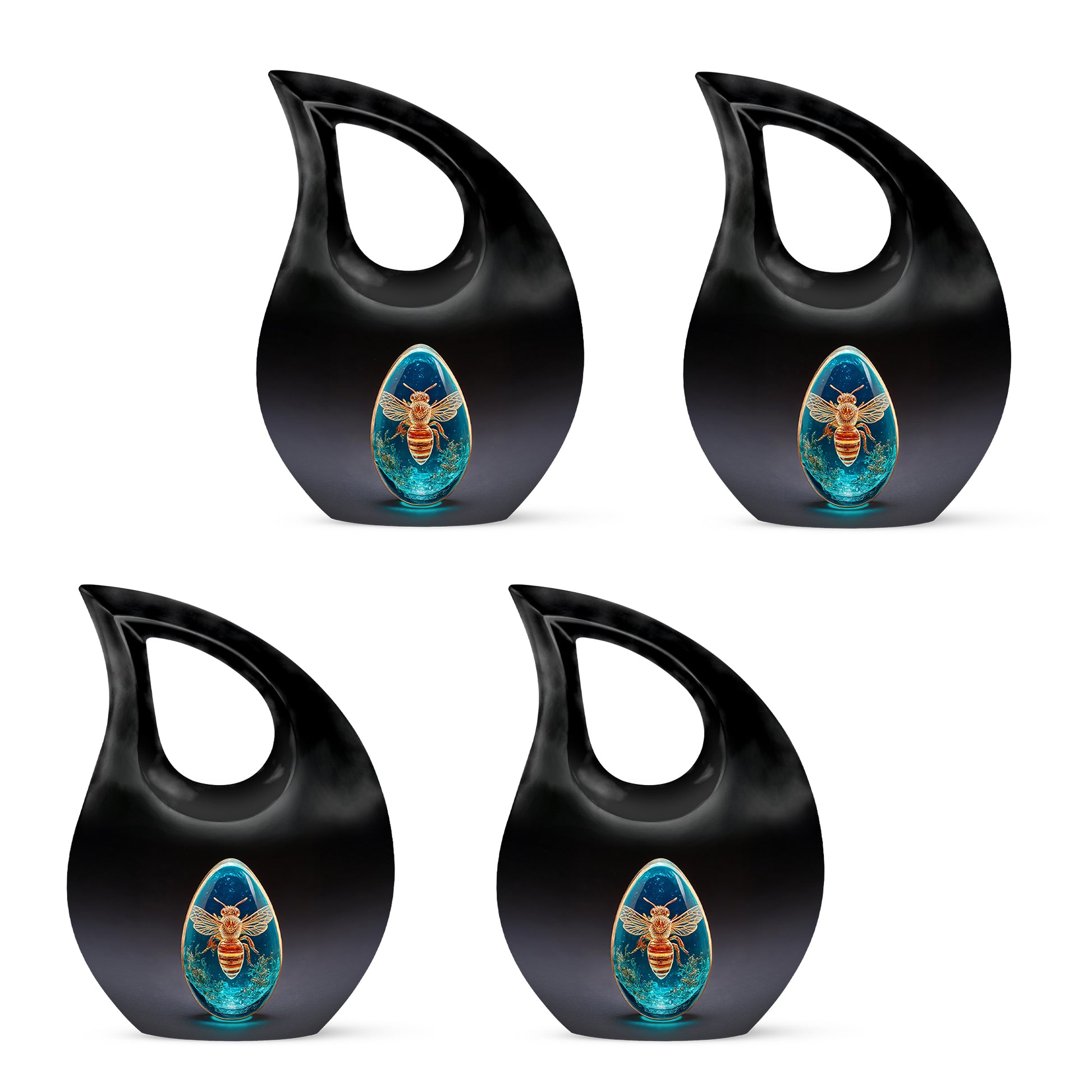 Deep Black Bee Cremation Urn lifestyle display on memorial shelf - cross and bee combined in spiritual memorial design - 10 inch aluminum urn for cremated remains