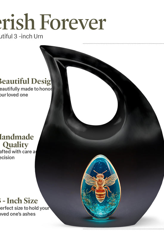 Midnight Black Bee Cremation Urn back view with polished surface - devotional cross-drop bee engraving - mini keepsake memorial for portion of cremation ashes