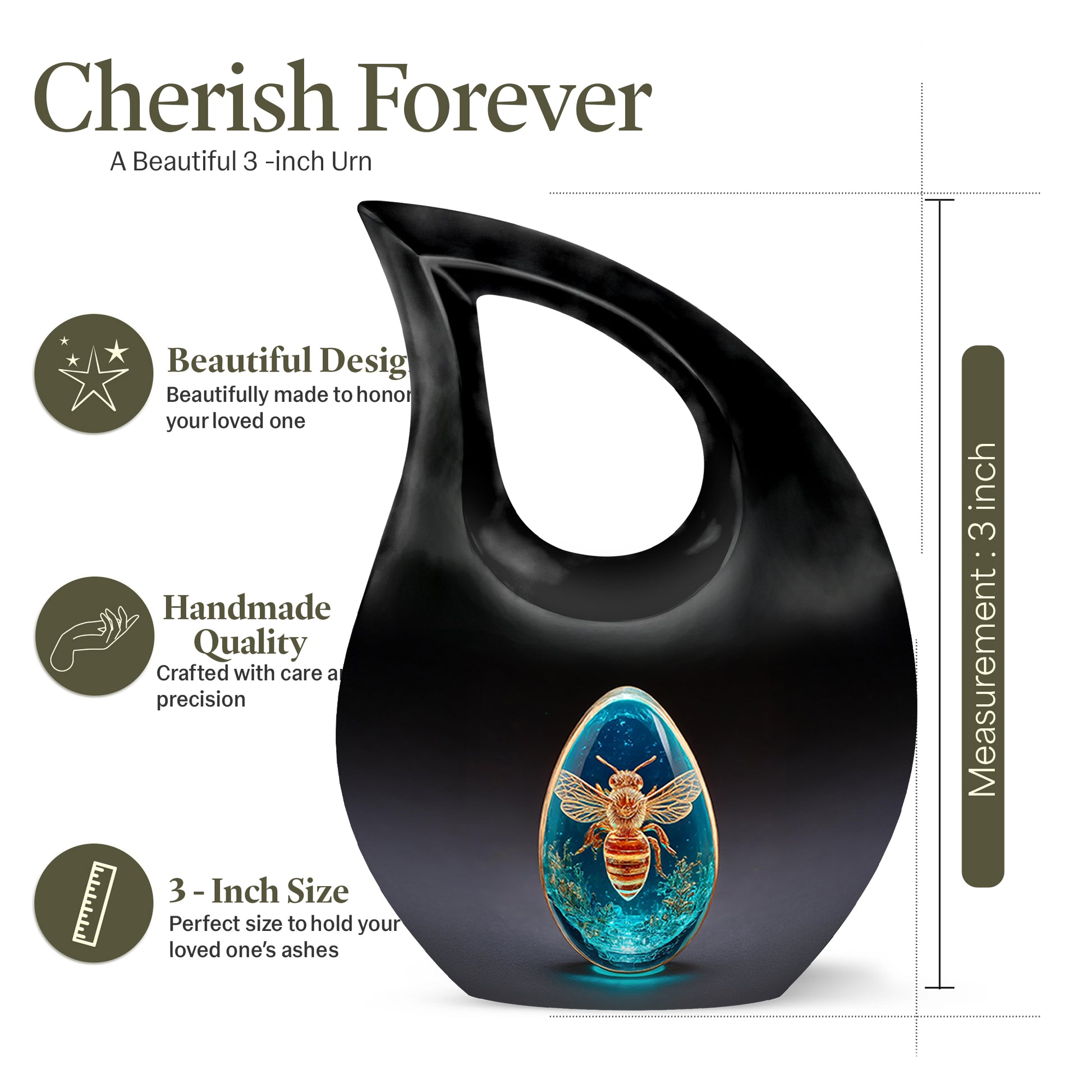 Midnight Black Bee Cremation Urn back view with polished surface - devotional cross-drop bee engraving - mini keepsake memorial for portion of cremation ashes
