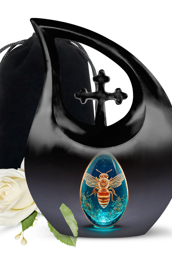 Glossy Black Bee Cremation Urn top-down view of secure threaded lid - cross and bee combined in spiritual memorial design - full-size 10 inch 200 cubic inch adult cremation urn