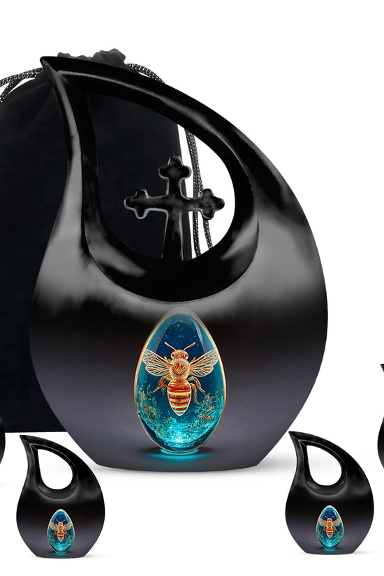 Midnight Black Bee Cremation Urn urn with complimentary velvet bag - faith-inspired cross-drop urn with bee pattern - memorial set with one large and four small urns
