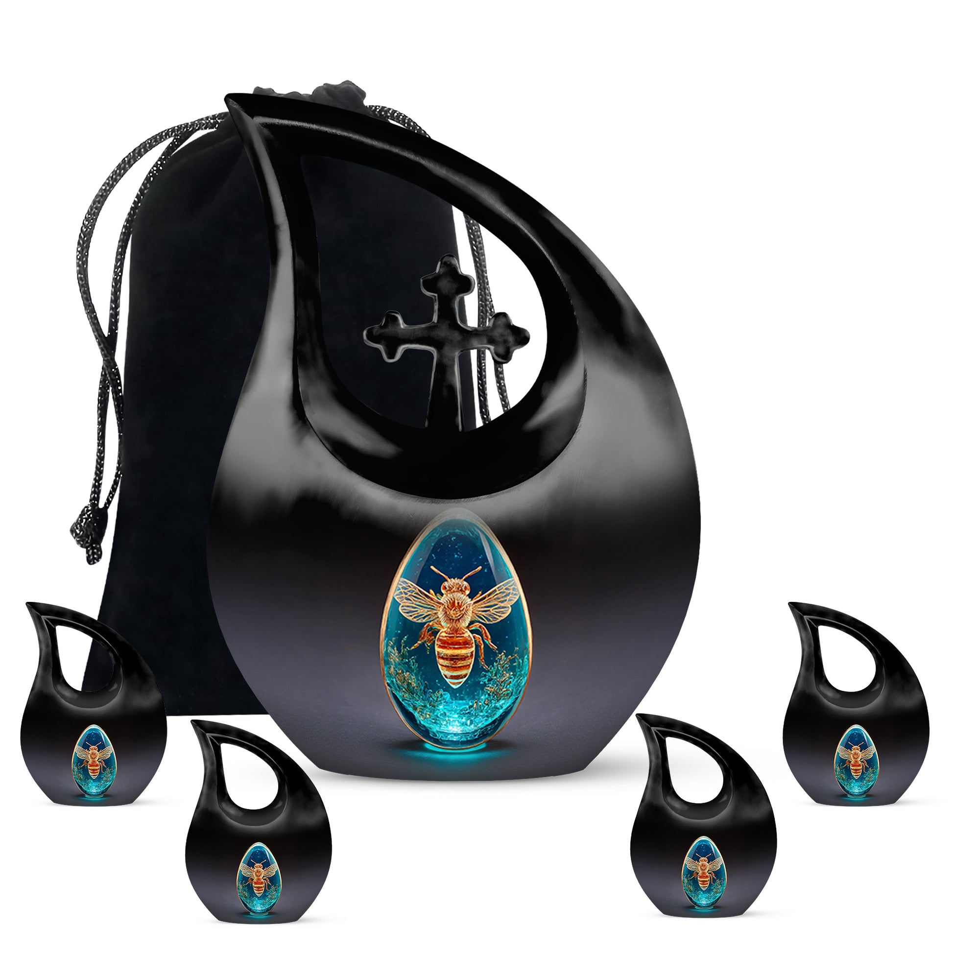 Midnight Black Bee Cremation Urn urn with complimentary velvet bag - faith-inspired cross-drop urn with bee pattern - memorial set with one large and four small urns