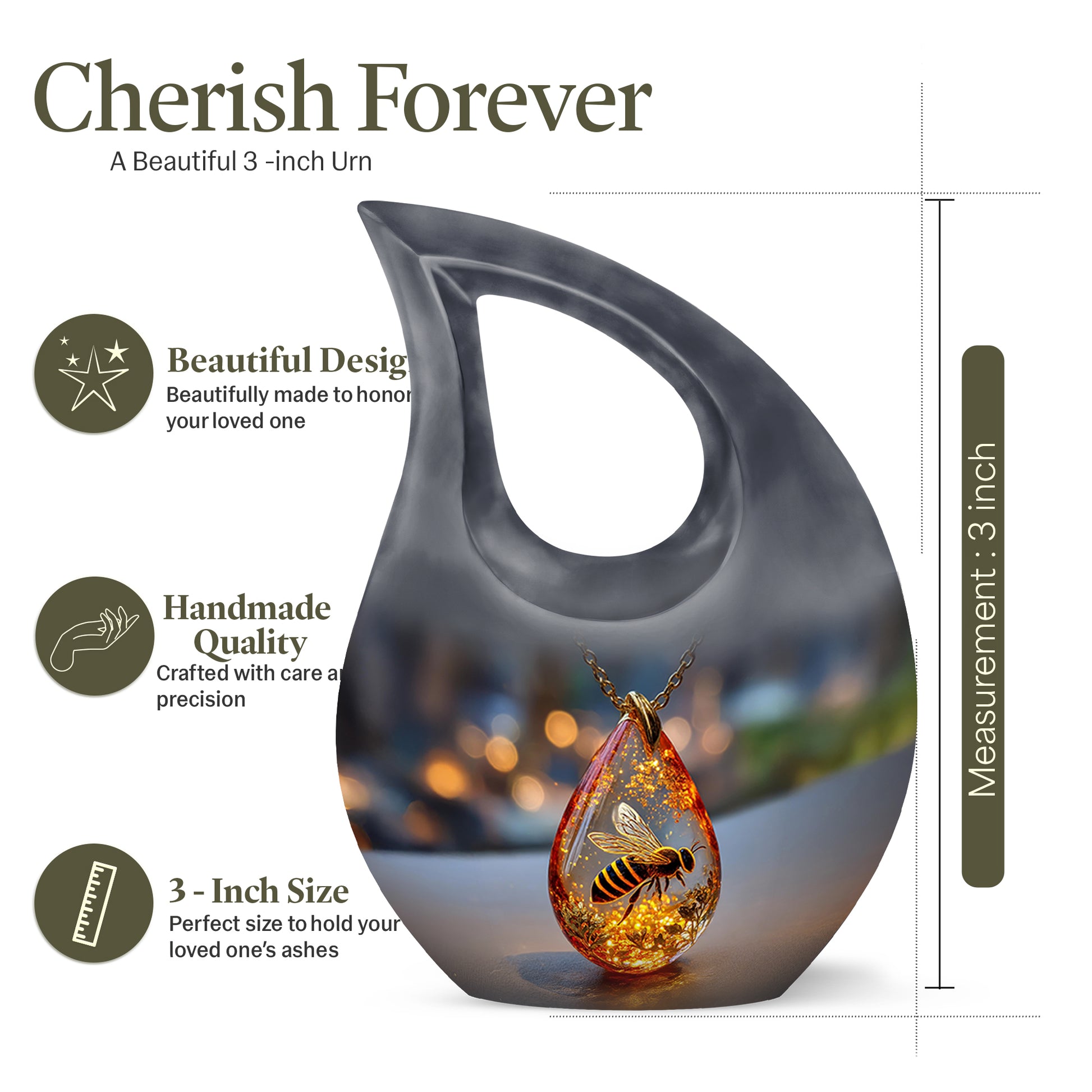 Midnight Black Bee Cremation Urn back view with polished surface - devotional cross-drop bee engraving - mini keepsake memorial for portion of cremation ashes