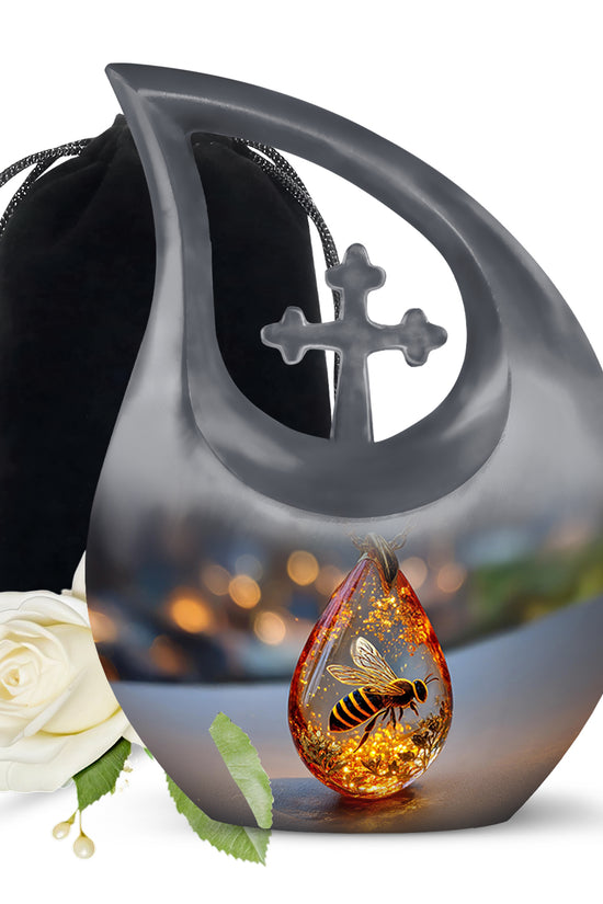 Midnight Black Bee Cremation Urn top-down view of secure threaded lid - devotional cross-drop bee engraving - full-size 10 inch 200 cubic inch adult cremation urn