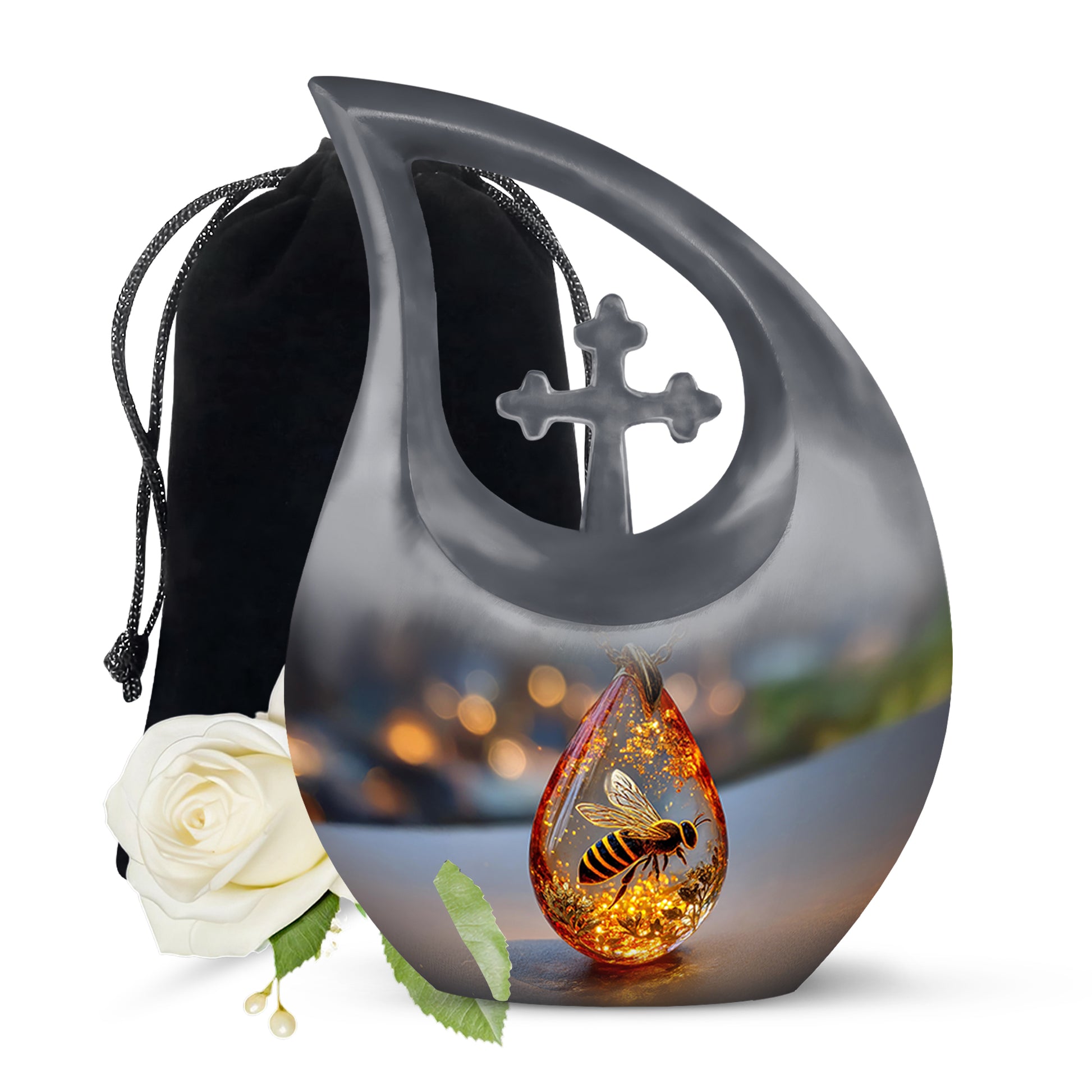 Midnight Black Bee Cremation Urn top-down view of secure threaded lid - devotional cross-drop bee engraving - full-size 10 inch 200 cubic inch adult cremation urn