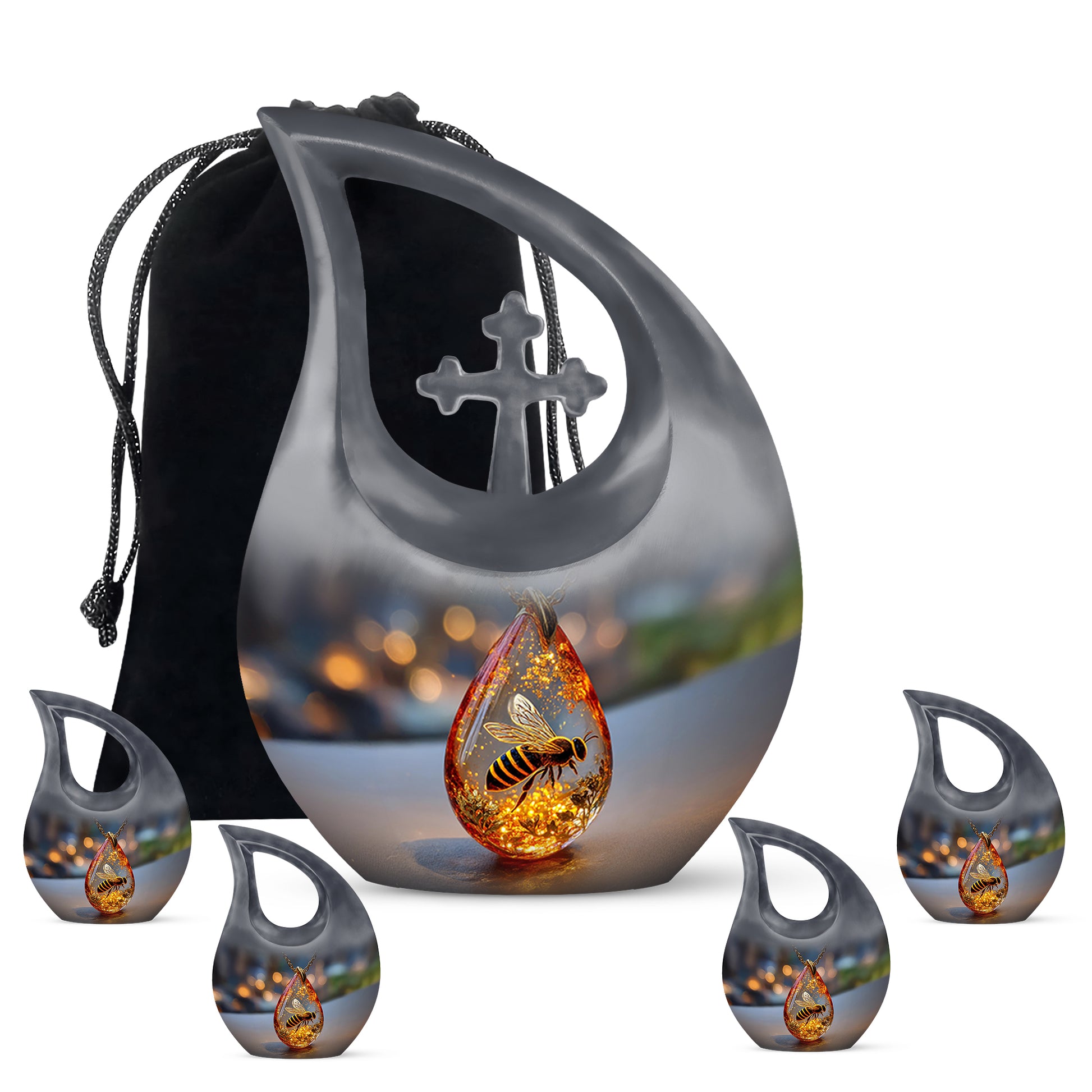 Dark Black Bee Cremation Urn urn with complimentary velvet bag - faith-inspired cross-drop urn with bee pattern - memorial set with one large and four small urns
