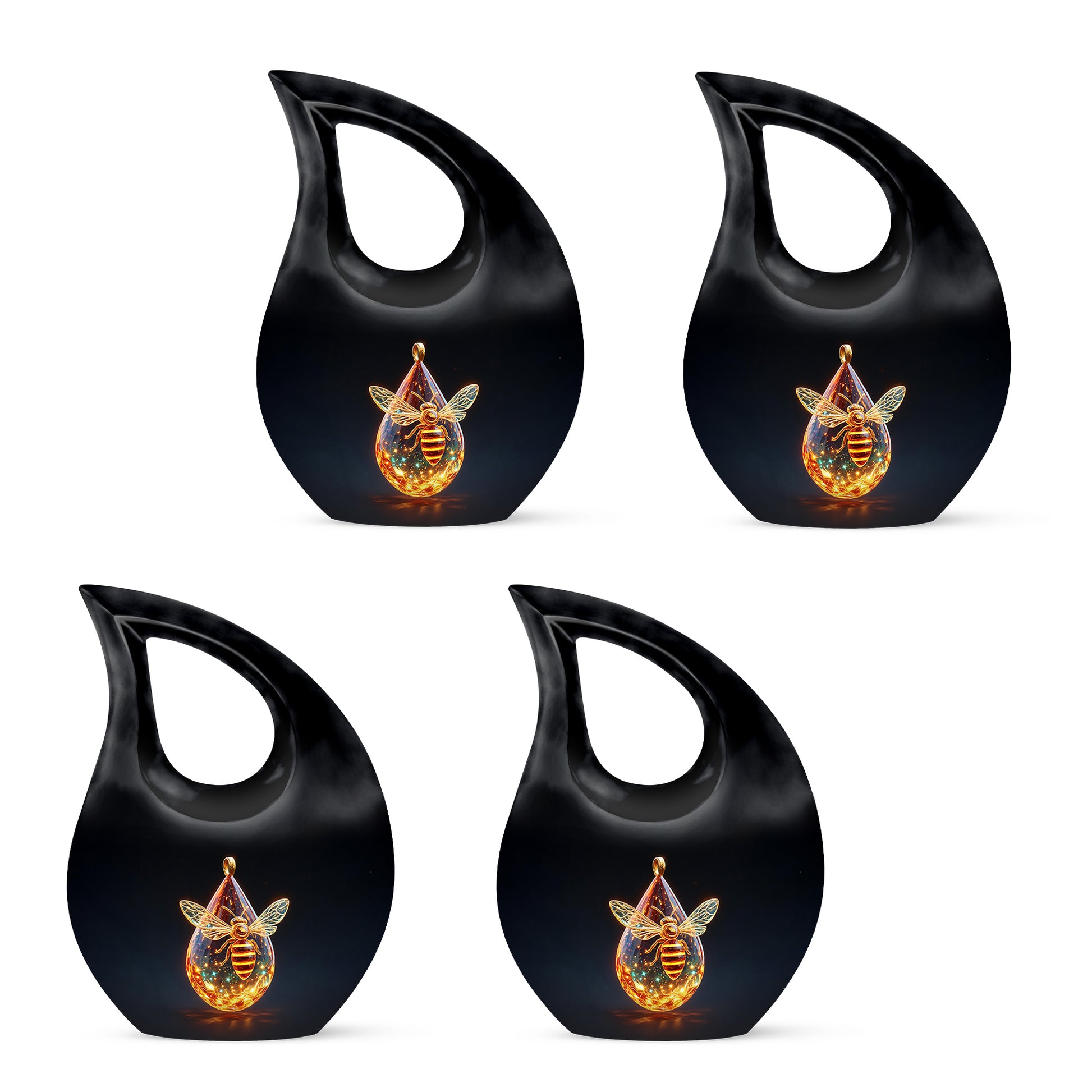 Midnight Black Bee Cremation Urn lifestyle display on memorial shelf - devotional cross-drop bee engraving - 10 inch aluminum urn for cremated remains