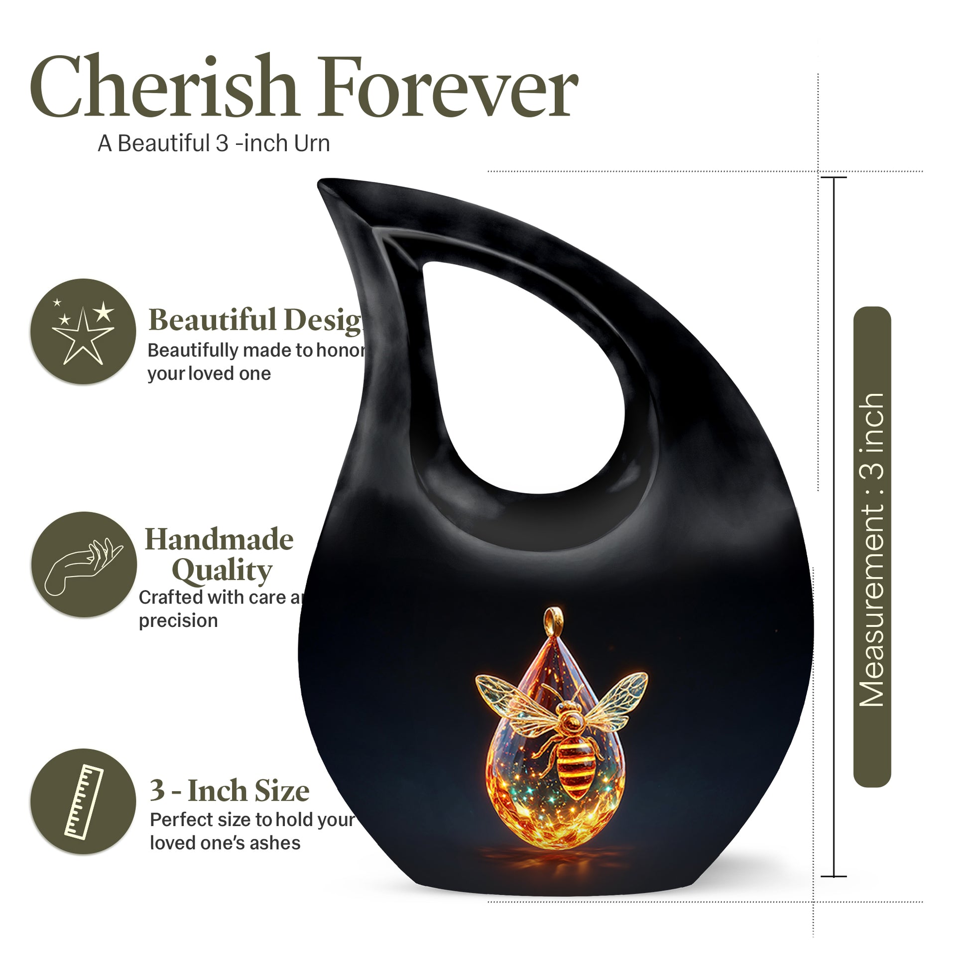 Dark Black Bee Cremation Urn back view with polished surface - faith-inspired cross-drop urn with bee pattern - mini keepsake memorial for portion of cremation ashes